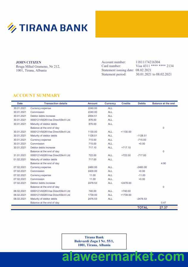 Albania Tirana bank statement